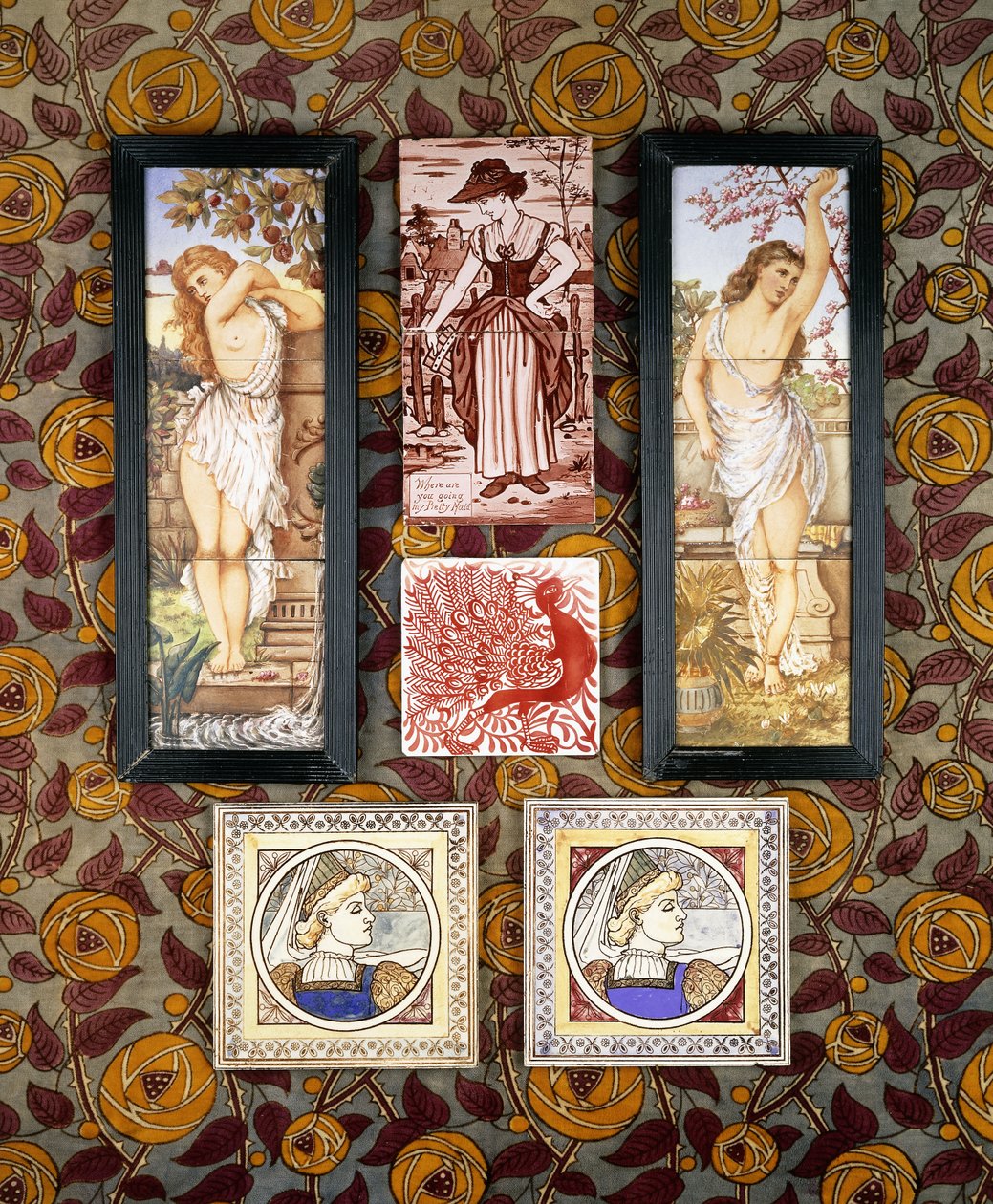 Two E. Smith Tiles with a Medieval Maiden, 20th Century by Walter (attr.) Crane