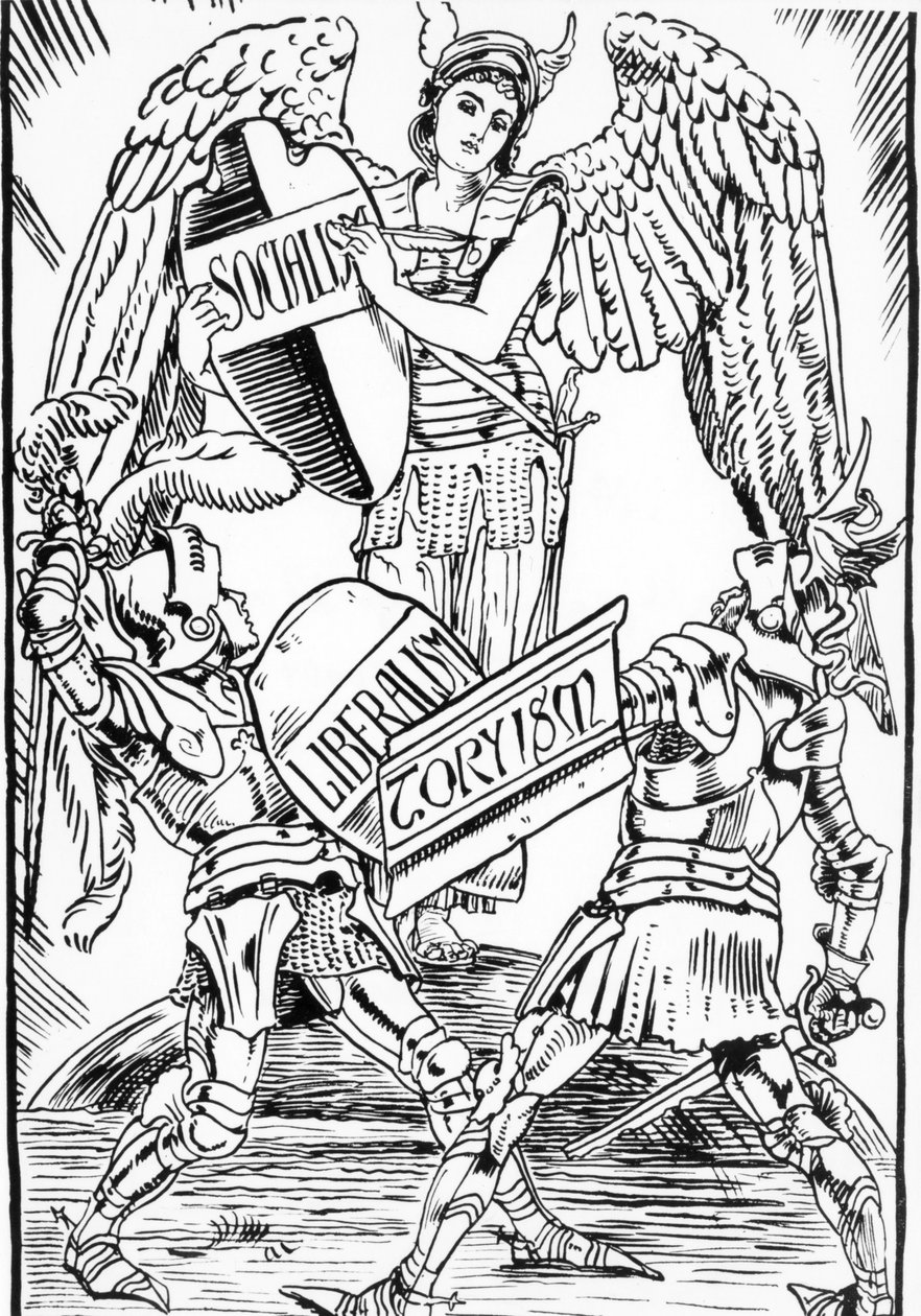Allegory of Walter Crane: Socialism Triumphs Over the Struggle Between Liberalism and Toryism (English Conservative Party). Engraving from the End of the 19th Century by Walter Crane