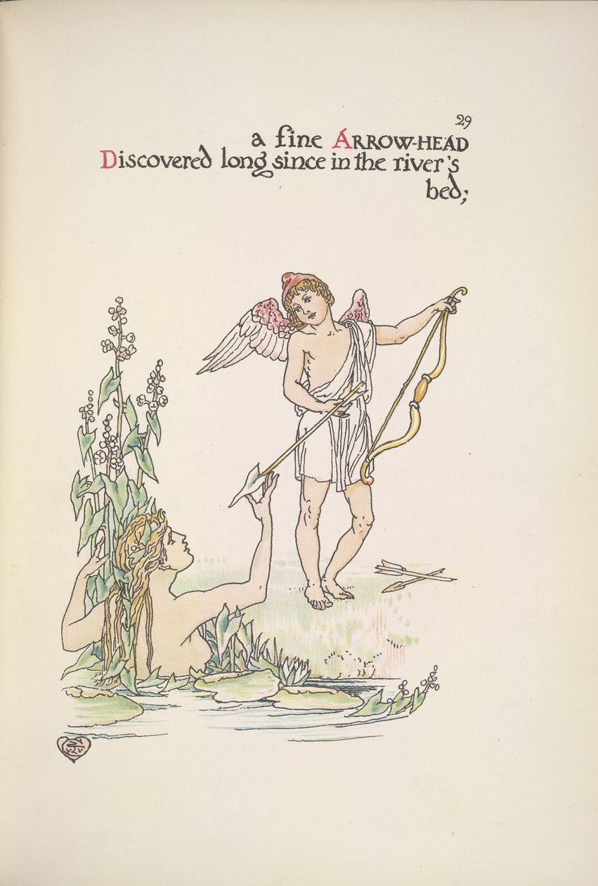 An angel holding an arrow, and a lady in a river or lake by Walter Crane