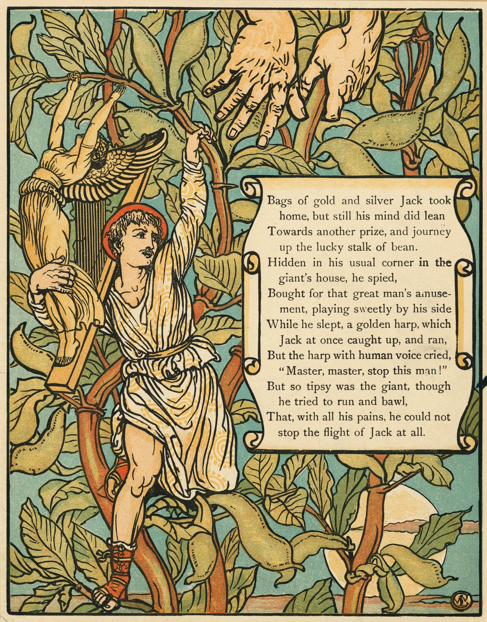 Jack Descending the Beanstalk from Jack and the Beanstalk, pub. 1875 by Walter Crane