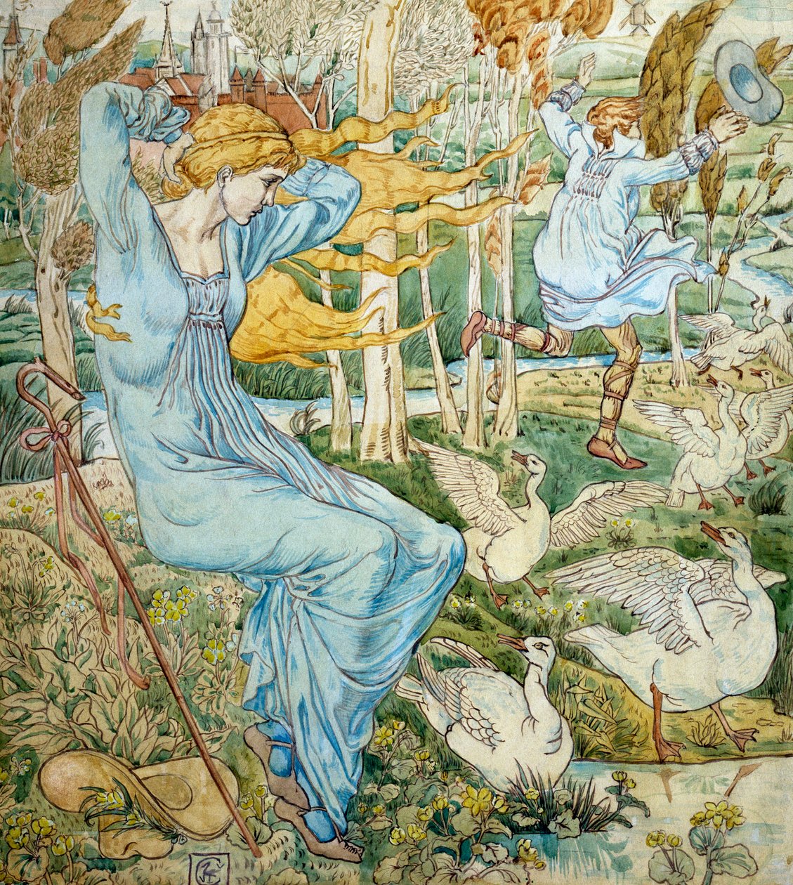 The Goose Girl. A young man tries to catch his hat blown away by the wind. A goose girl watches. Illustration by Walter Crane. Private collection. by Walter Crane