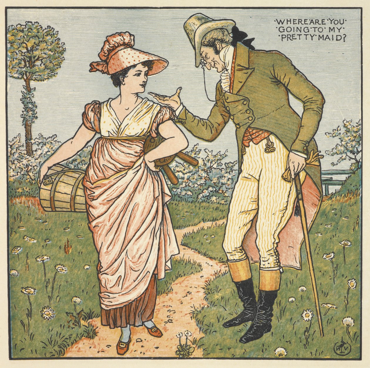My Pretty Maid. A gentleman talking to a young woman. by Walter Crane