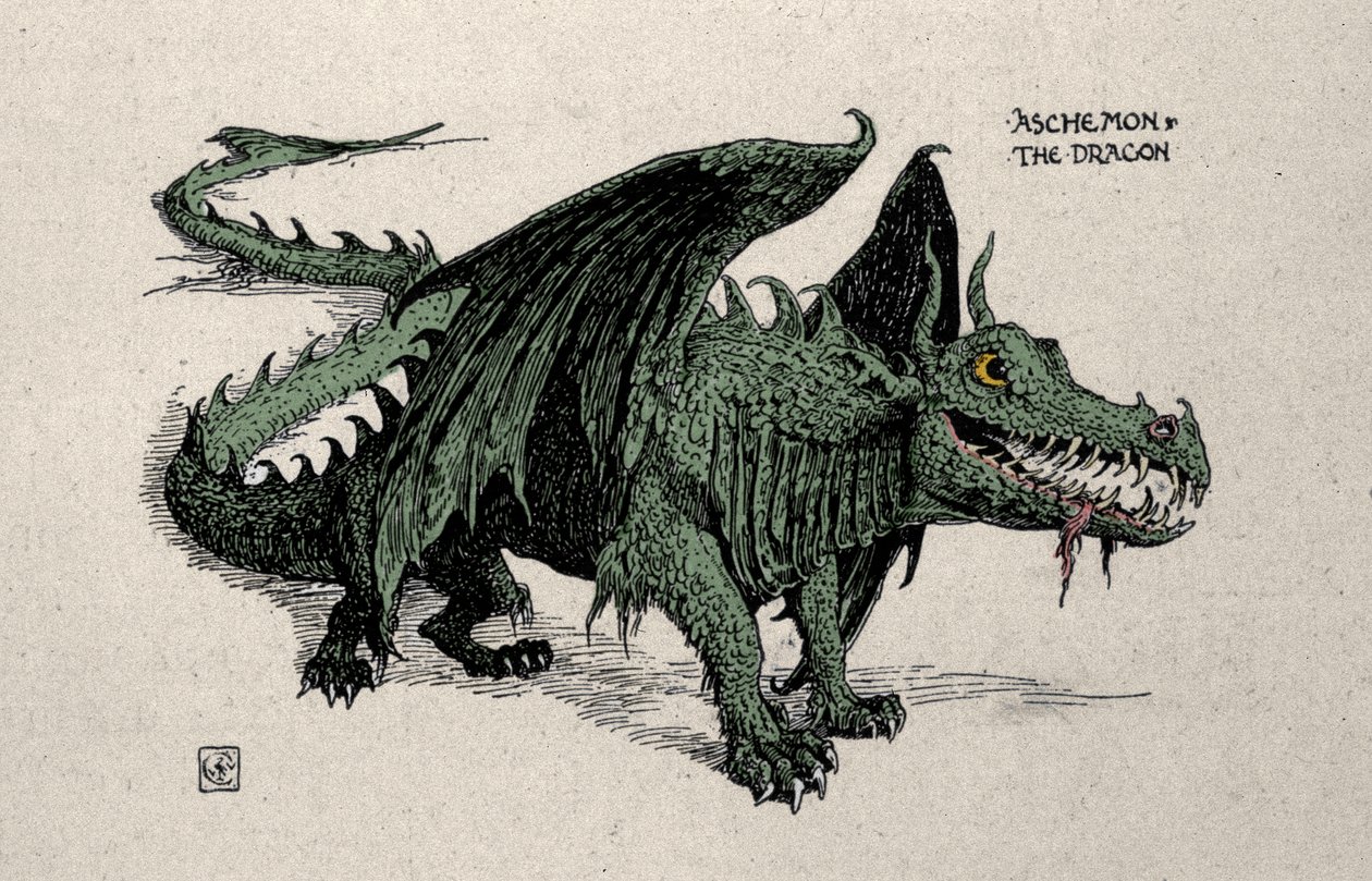 Representation of the mythological dragon Ashchemon (Drawing by Walter Crane, 1899) by Walter Crane