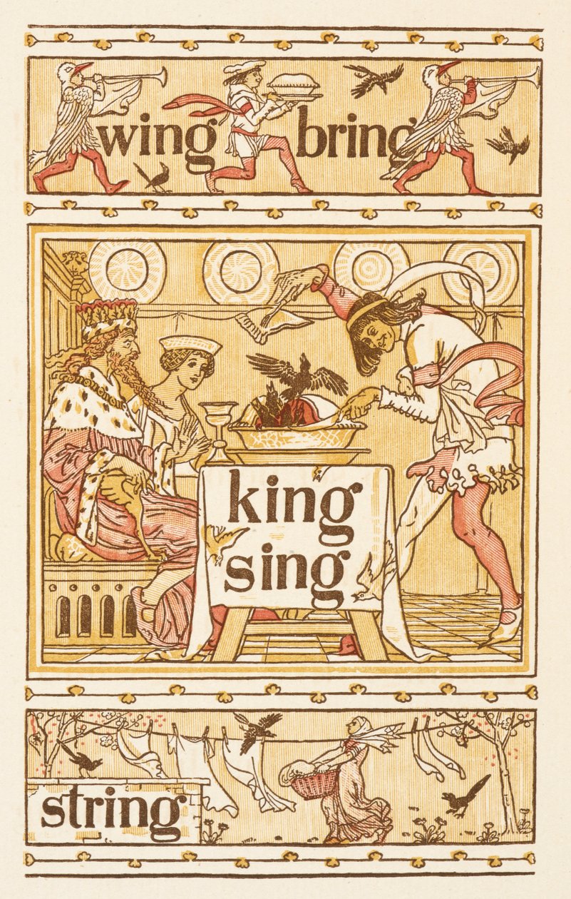 Rhyming words ending in the letter G. Blackbirds in a pie. A washing line. The Golden primer by Walter Crane