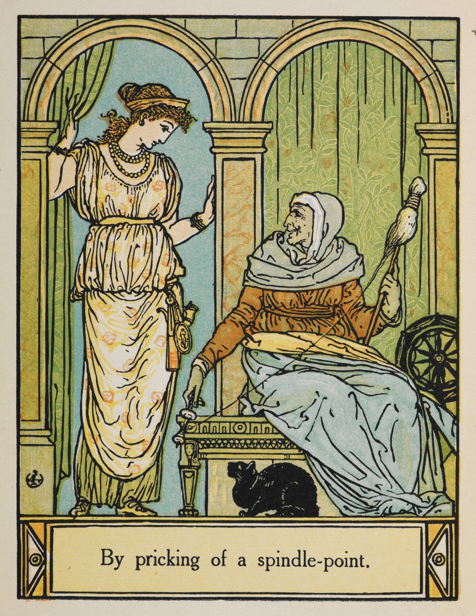 Sleeping Beauty stands next to an old woman with a spinning wheel and thread. A black cat sits underneath by Walter Crane