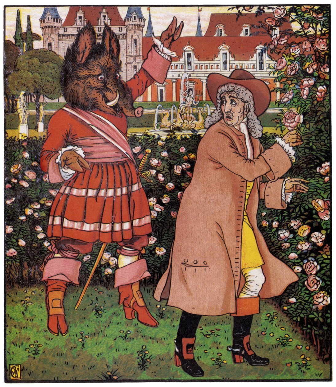 The Father of the Beautiful Picks Roses in the Garden of the Beet. Illustration by Walter Crane in 