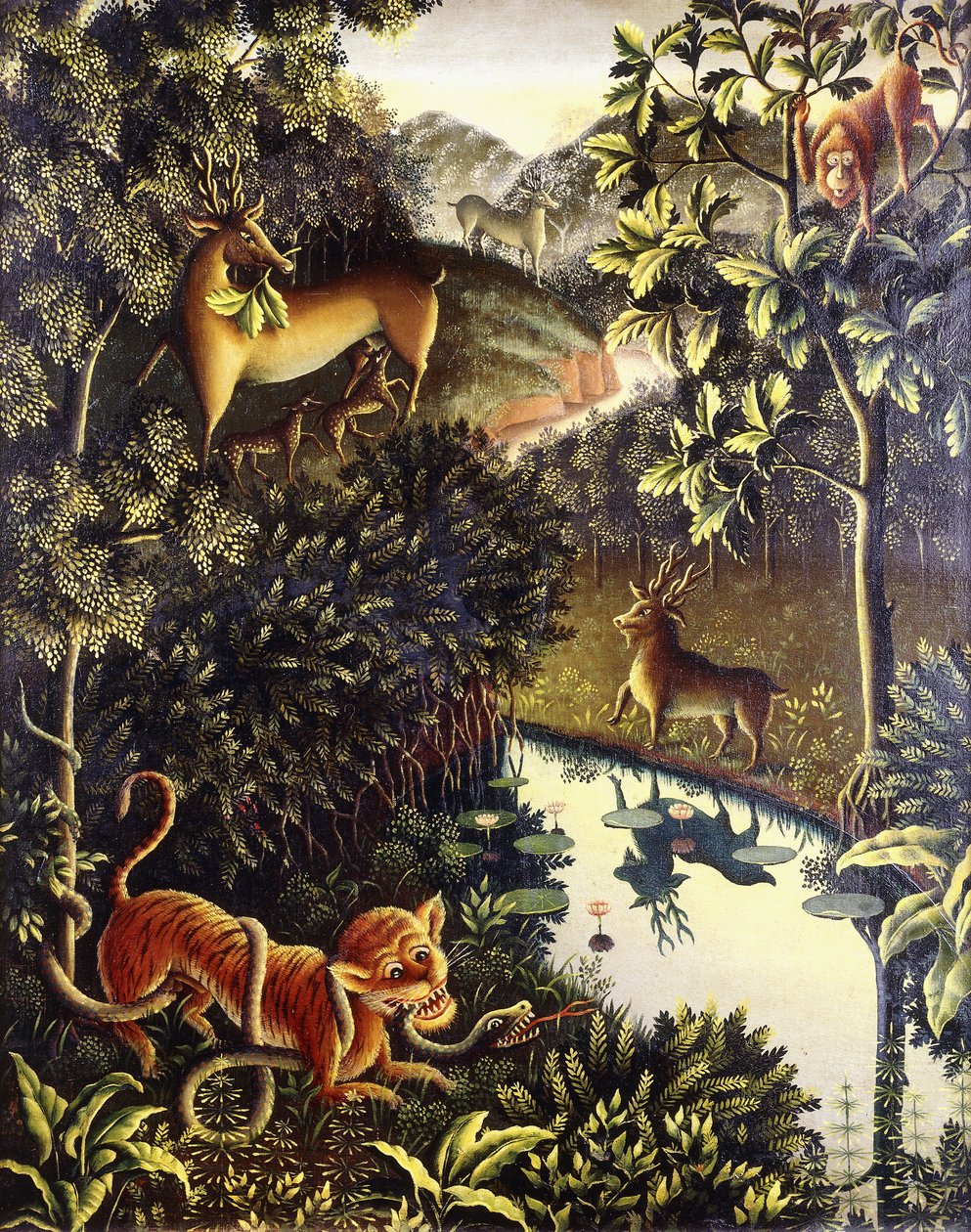 Tierfabel: Tiger and Snake in Combat in a Primeval Forest by Walter Spies