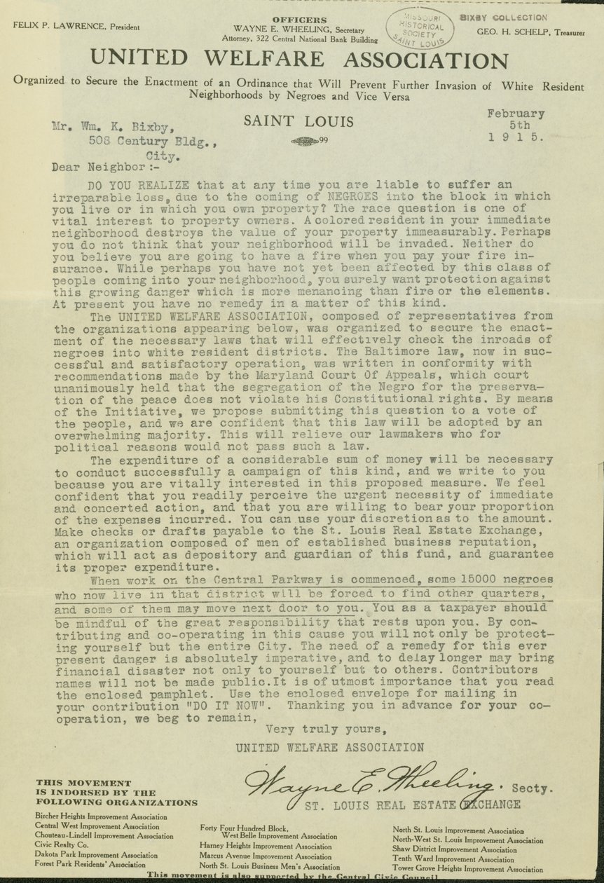 Letter from Wayne E. Wheeling, United Welfare Association, to Dear Neighbor, February 5, 1915 by Wayne E. Wheeling