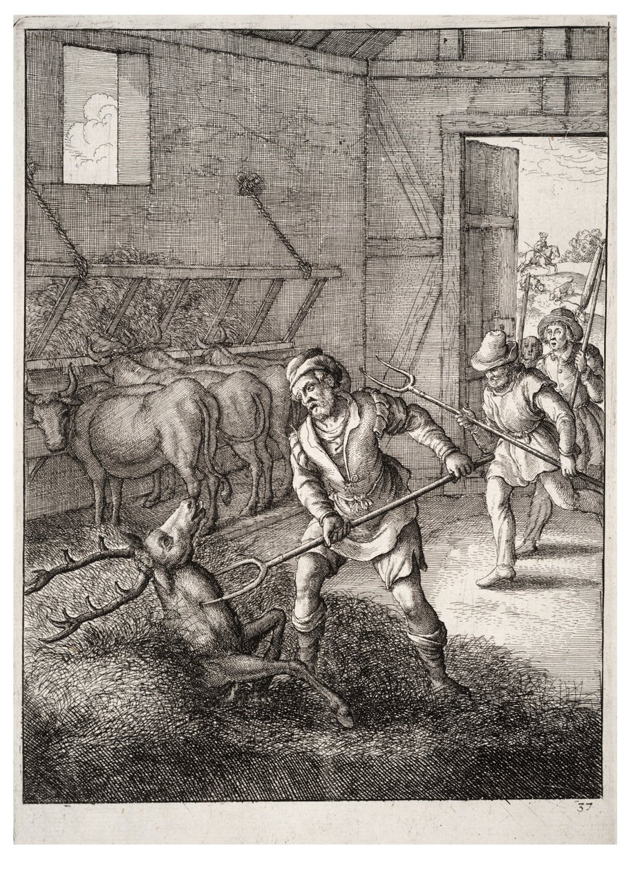 The Stag in the Cowshed by Wenceslaus Hollar