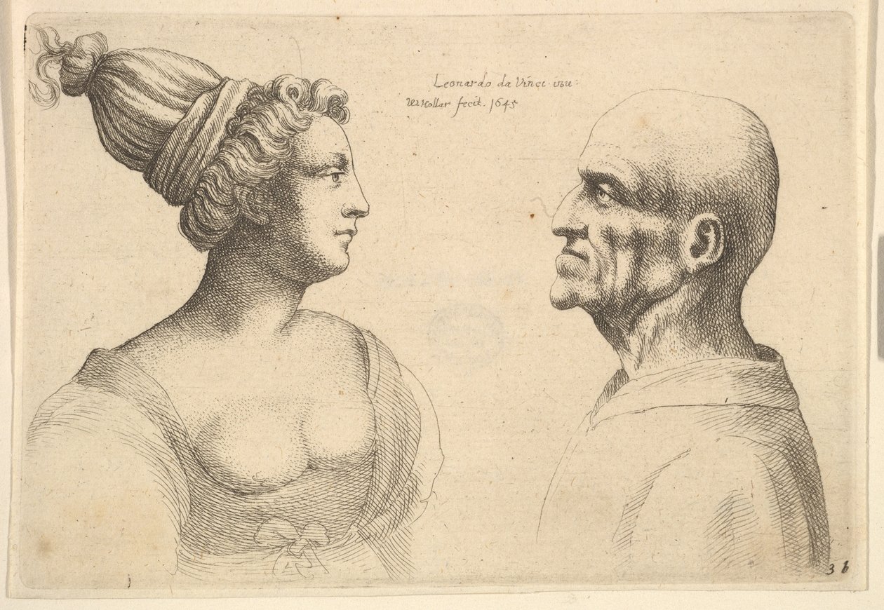 A Female with Hair Tied Back and a Bald Male Facing Each Other by Wenceslaus Hollar