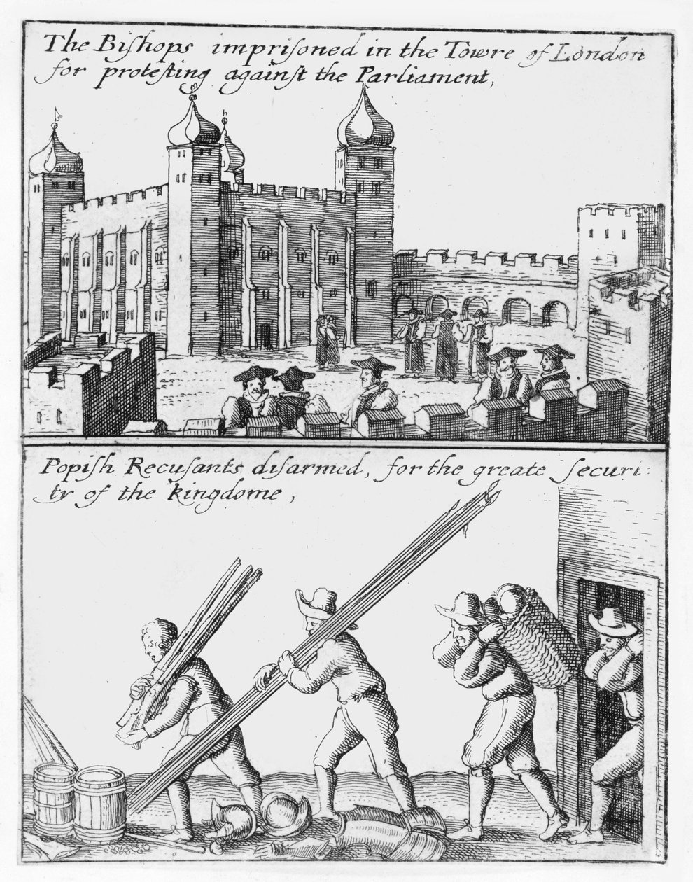Bishops Imprisoned in the Tower of London; Popish Recusants Disarmed by Wenceslaus Hollar