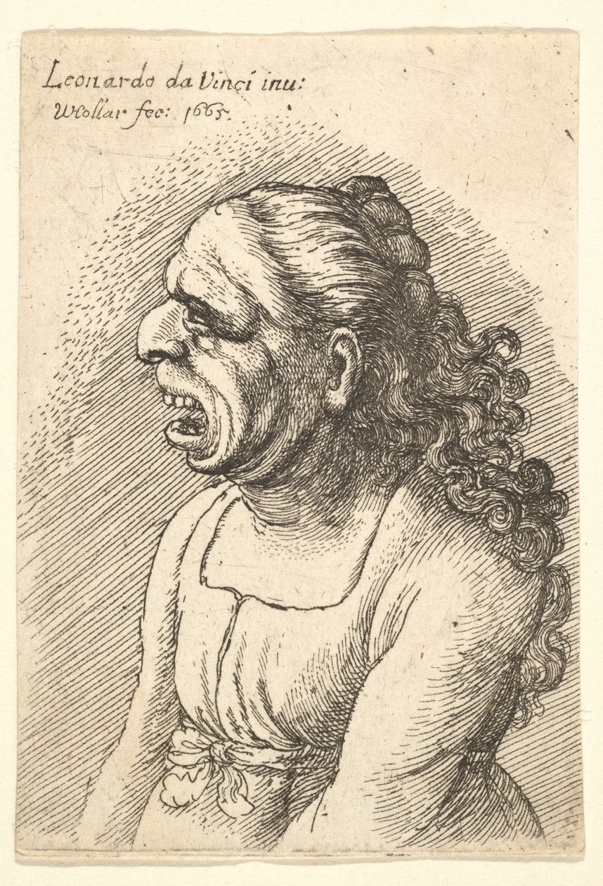 Bust of Woman with Wide-Open Mouth and Long Curly Hair Falling Over Her Shoulders by Wenceslaus Hollar