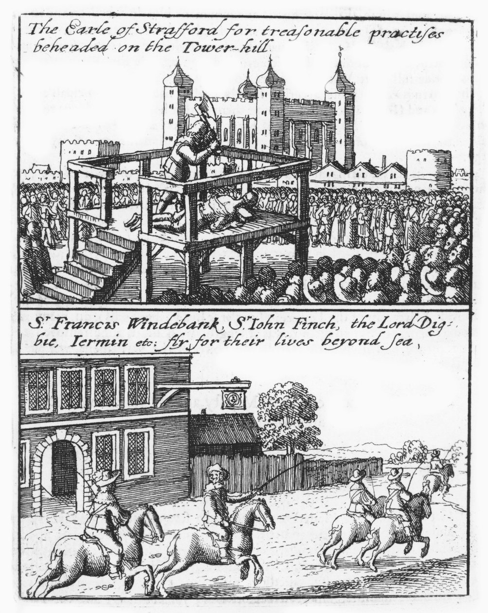 Earl of Stafford Beheaded on Tower Hill; Sir Francis Windebank, Sir John Finch and Lord Digby Flee England by Wenceslaus Hollar