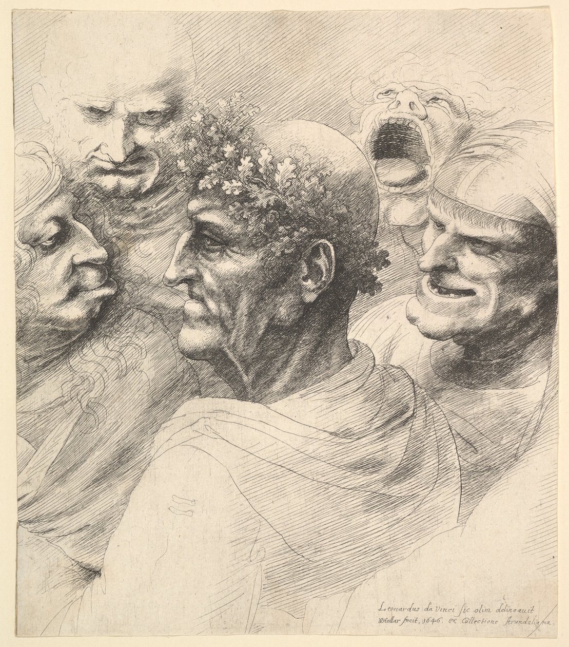 Five grotesque heads, including an elderly man with an oak leaf wreath by Wenceslaus Hollar