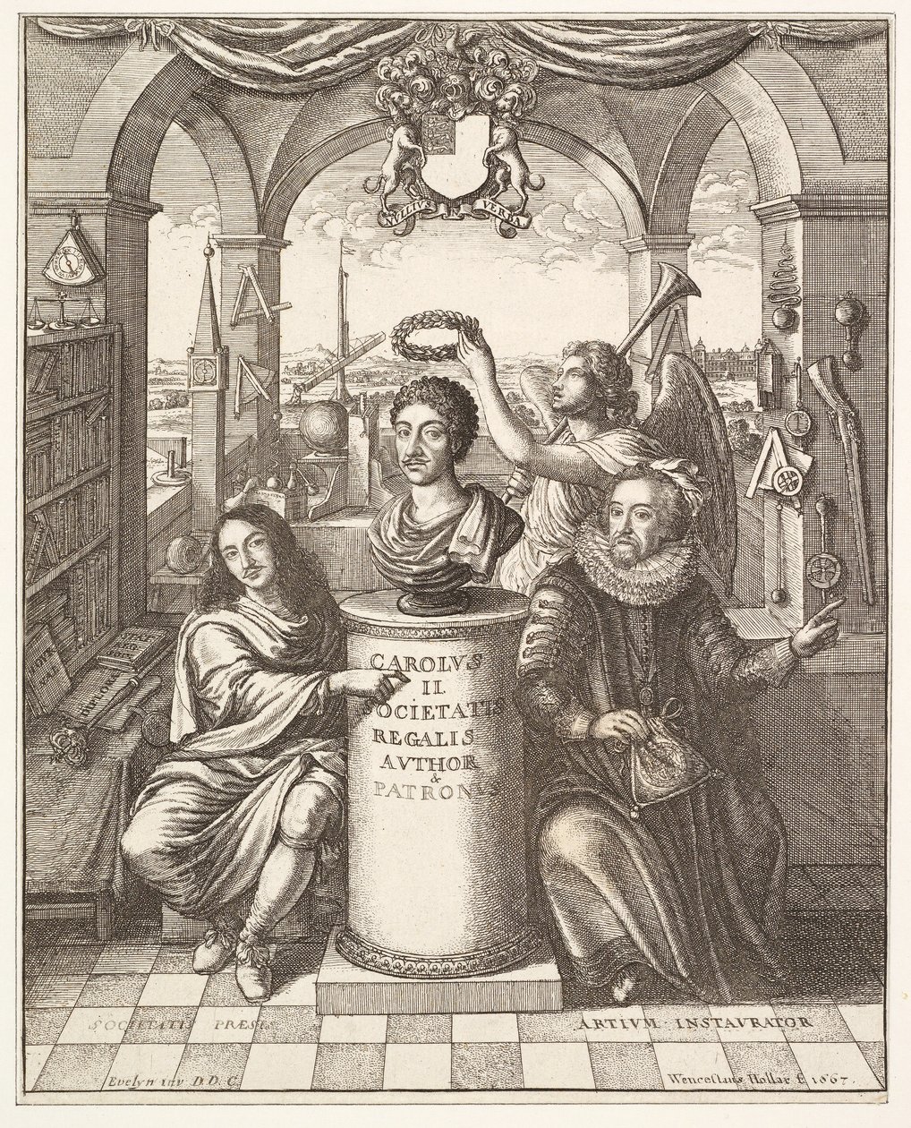Frontispiece of The History of the Royal Society of London by Thomas Spratt, pub. 1702 by Wenceslaus Hollar