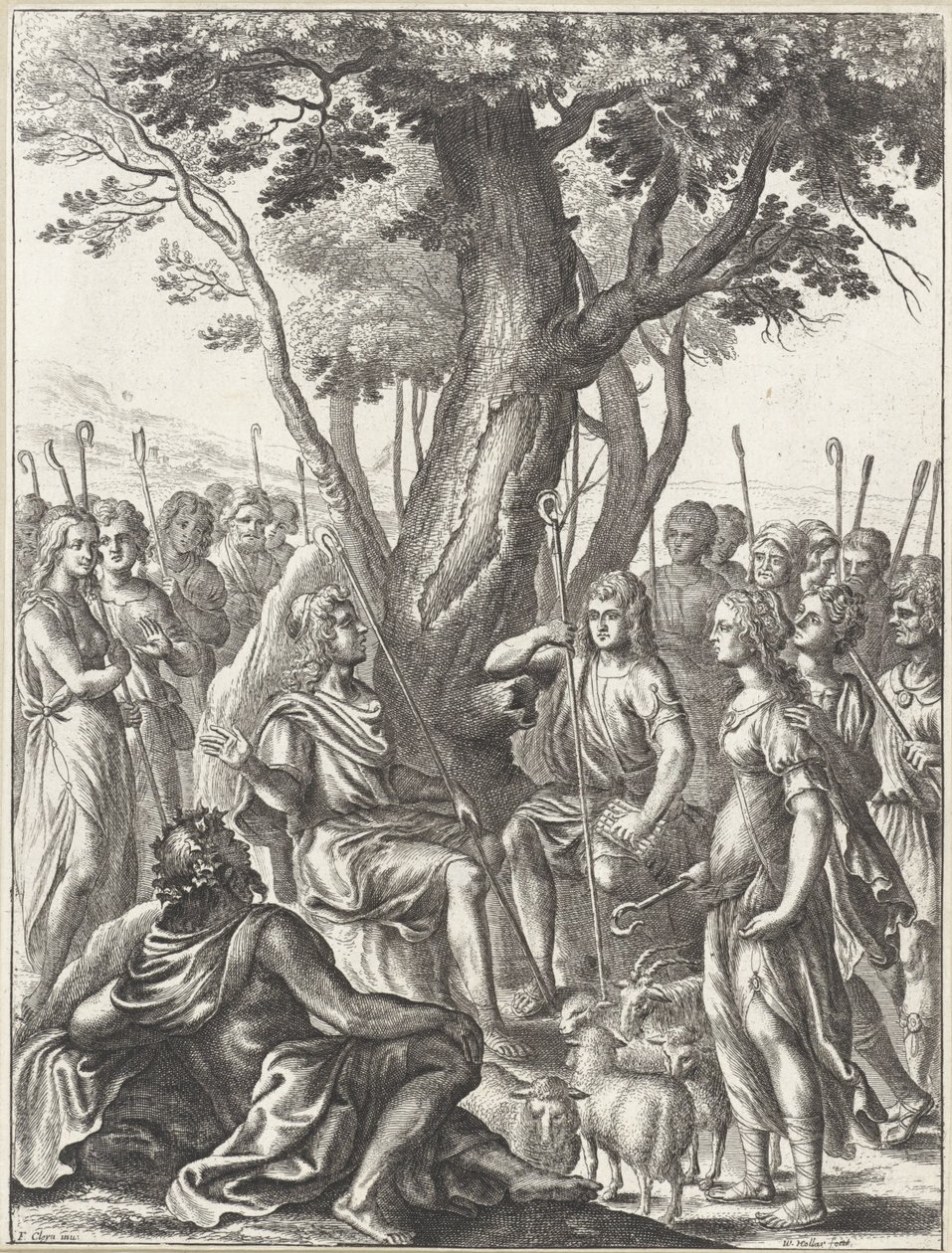 Shepherd Meliboeus Judging the Play of Shepherds Corydon and Thyrsis (series: Works of Virgil) by Wenceslaus Hollar