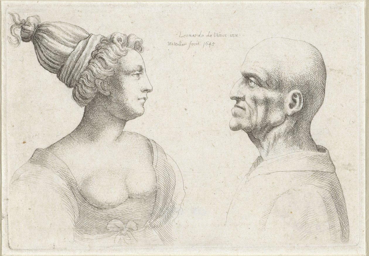Heads of a Bald Man and a Woman with a Turban (Varie figurae et probae series) (Caricatures, Heads and Deformations after Leonardo da Vinci series) by Wenceslaus Hollar