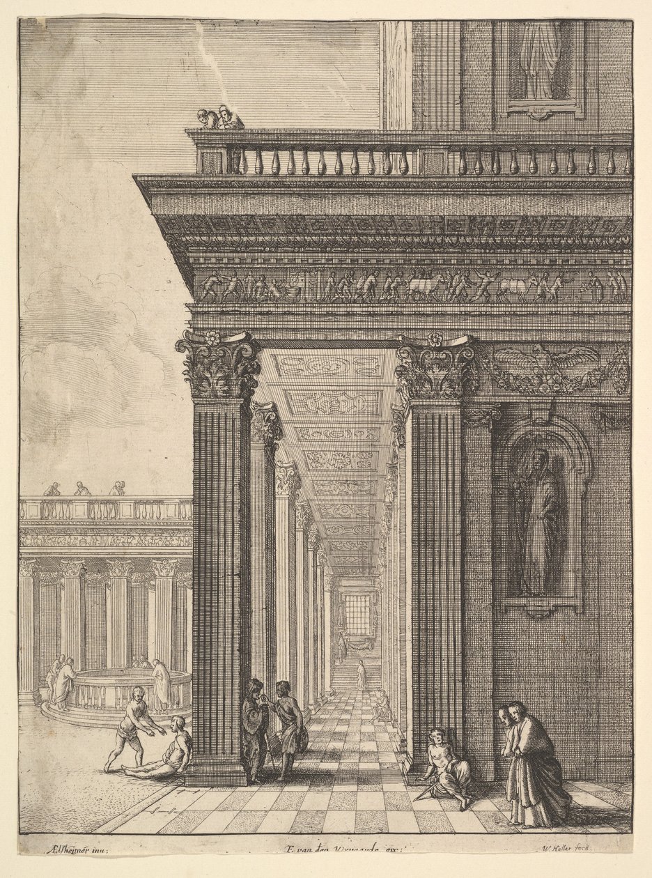Temple courtyard with figures, after David Teniers the Elder, 1625-77 by Wenceslaus Hollar