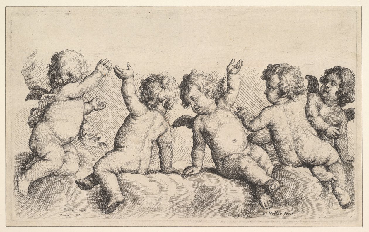 Three Cherubs and Two Boys on Clouds by Wenceslaus Hollar