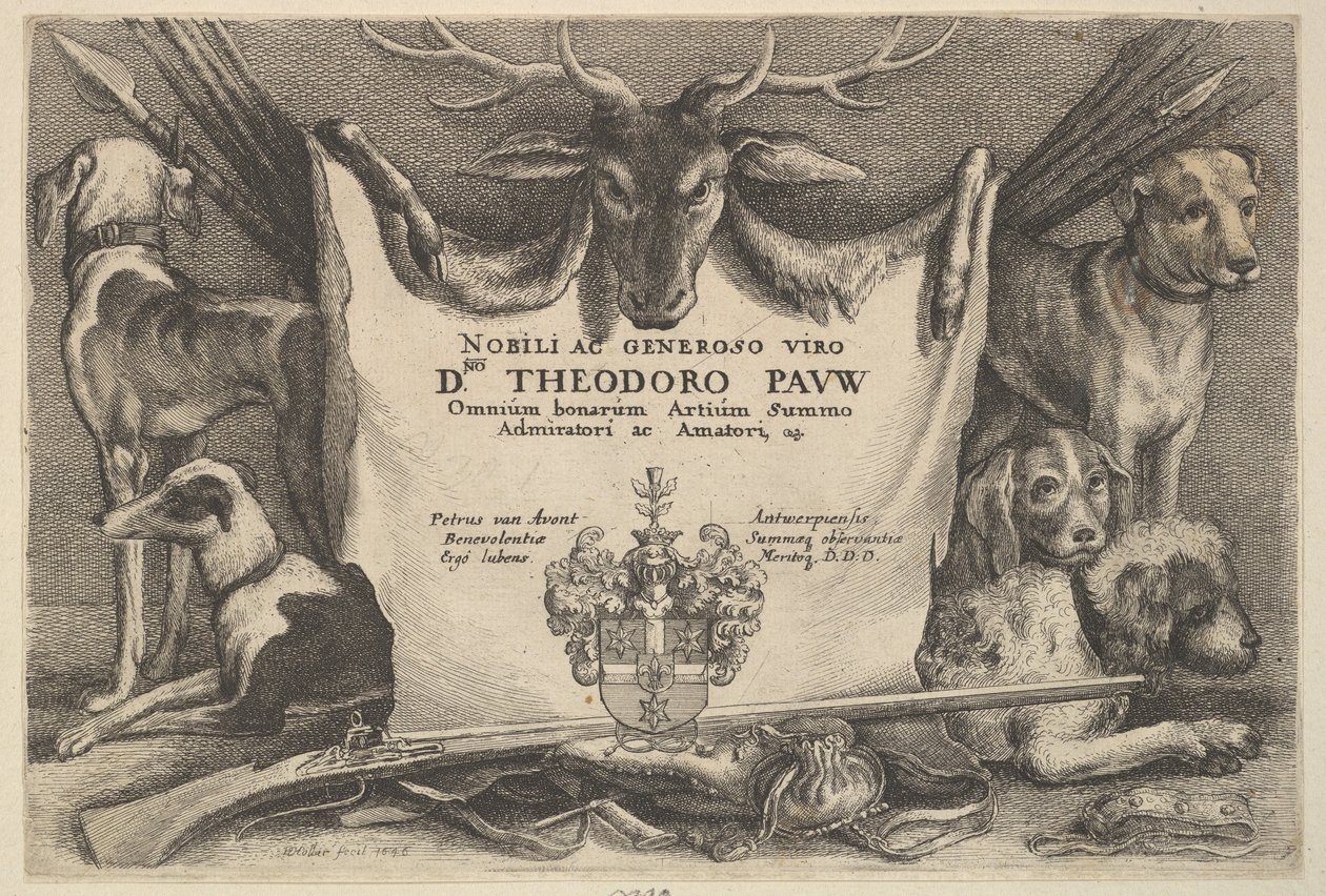 Titlepage with hounds and hunting equipment by Wenceslaus Hollar