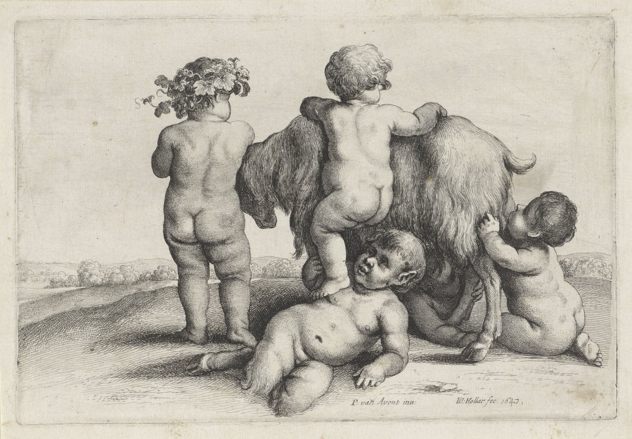 Four Boys, a Satyr and a Goat, Putti and Satyrs (series title) by Wenceslaus Hollar