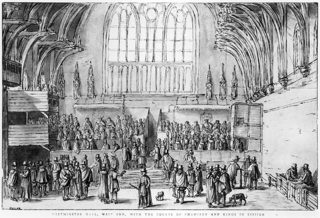 Westminster Hall, West End, with the Courts of Chancery and Kings in Session by Wenceslaus Hollar