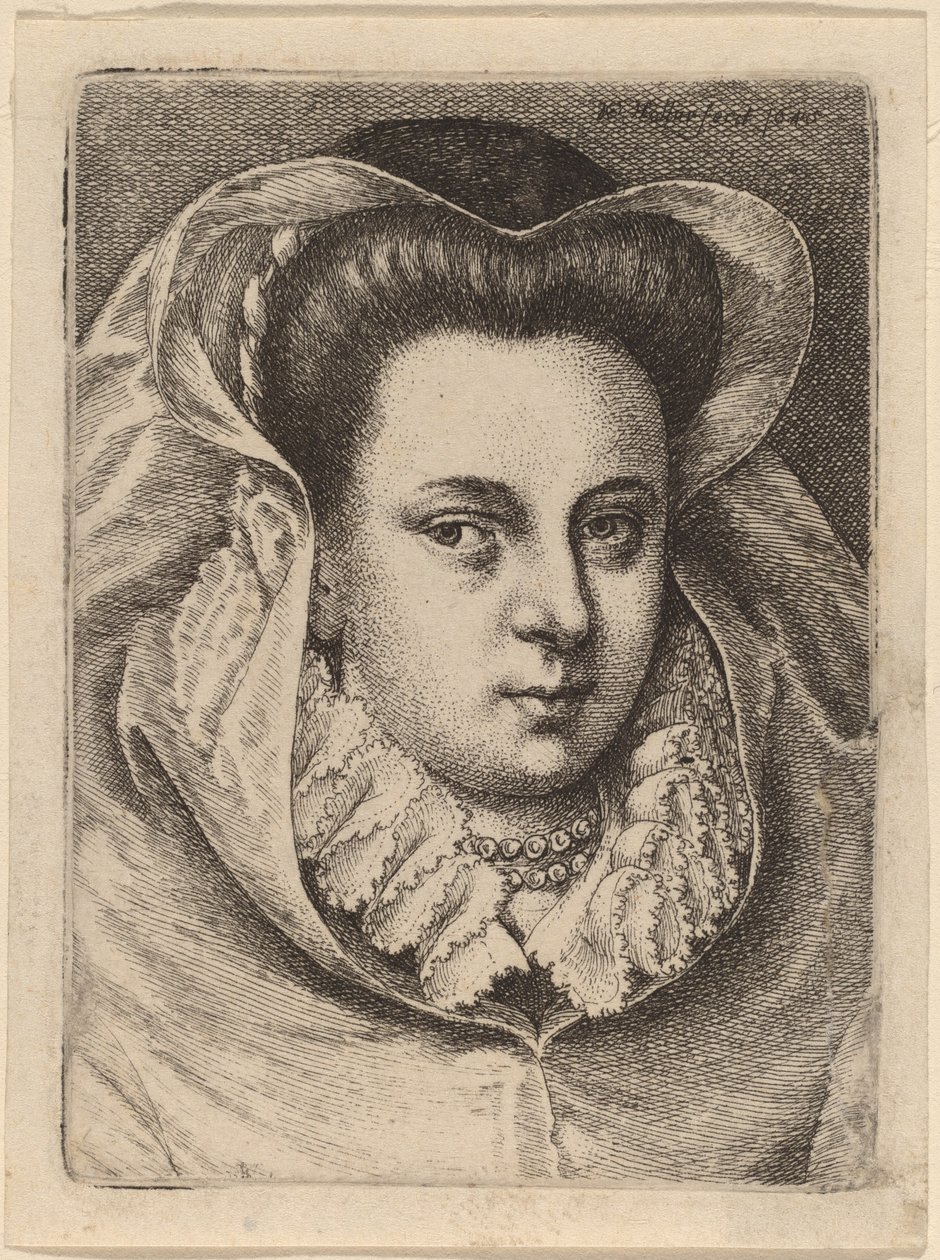 Woman with White Veil and Black Hat (Mary Stuart?) by Wenceslaus Hollar