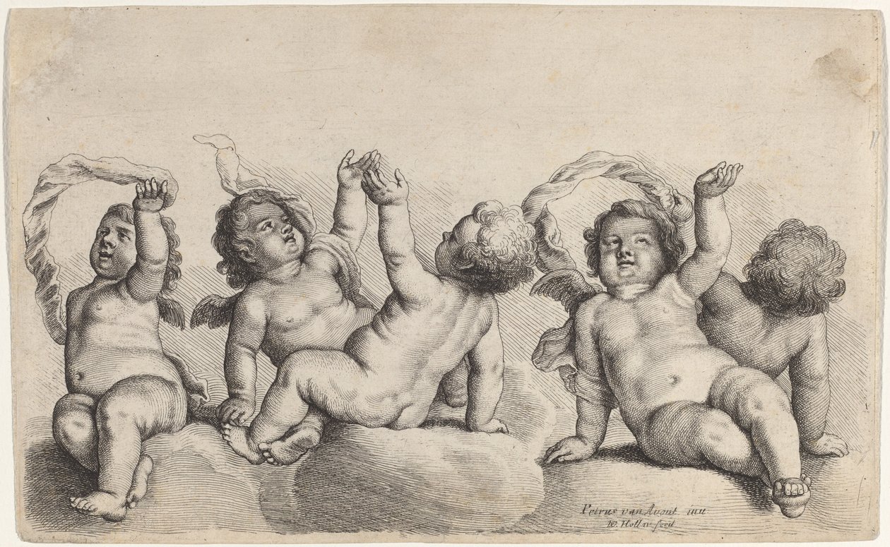 Three Cherubs and Two Boys Each Raising One Arm on Clouds by Wenceslaus Hollar, after Peeter van Avont