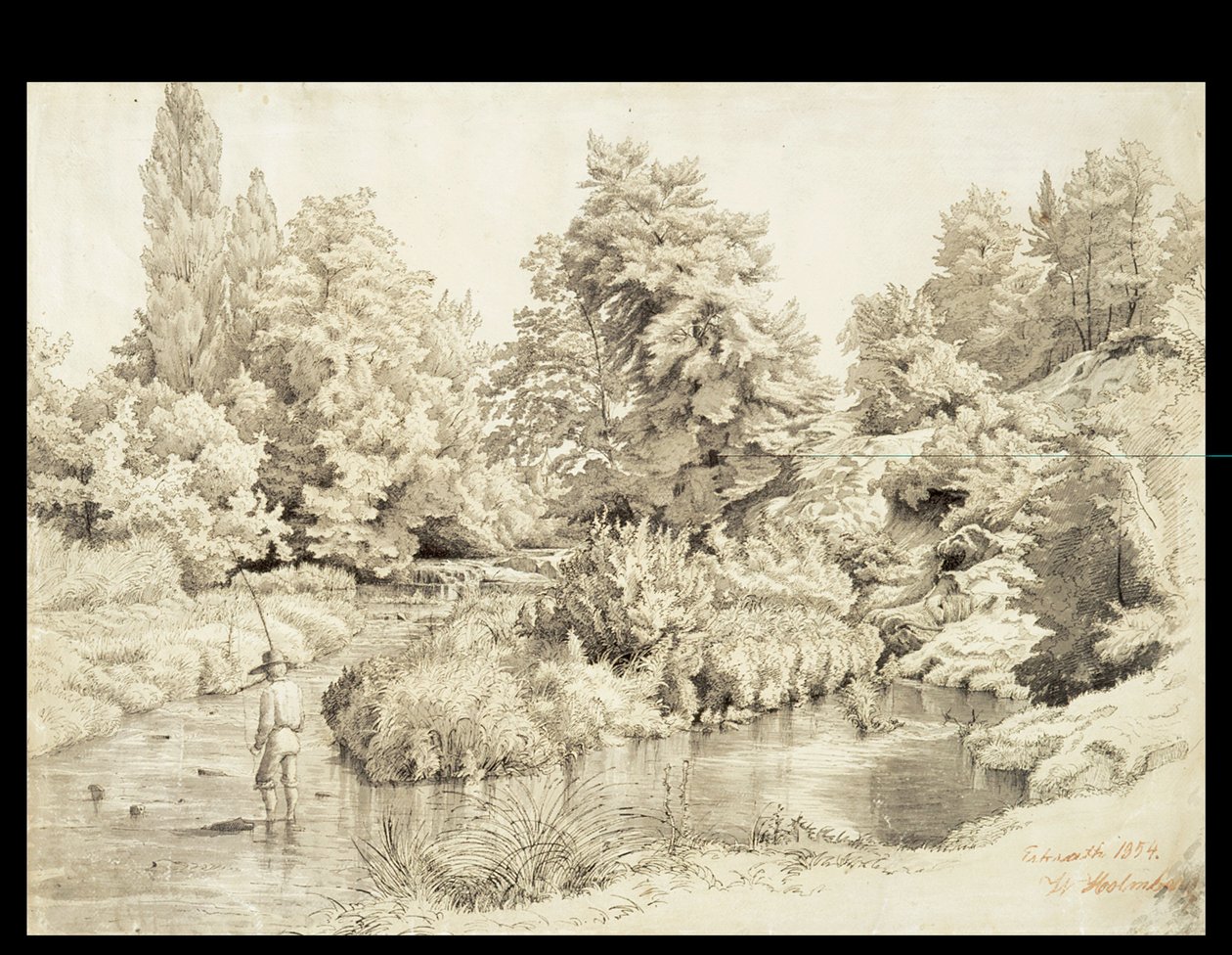 Erkrath, Landscape of Stream with Boy Fishing by Werner Holmberg