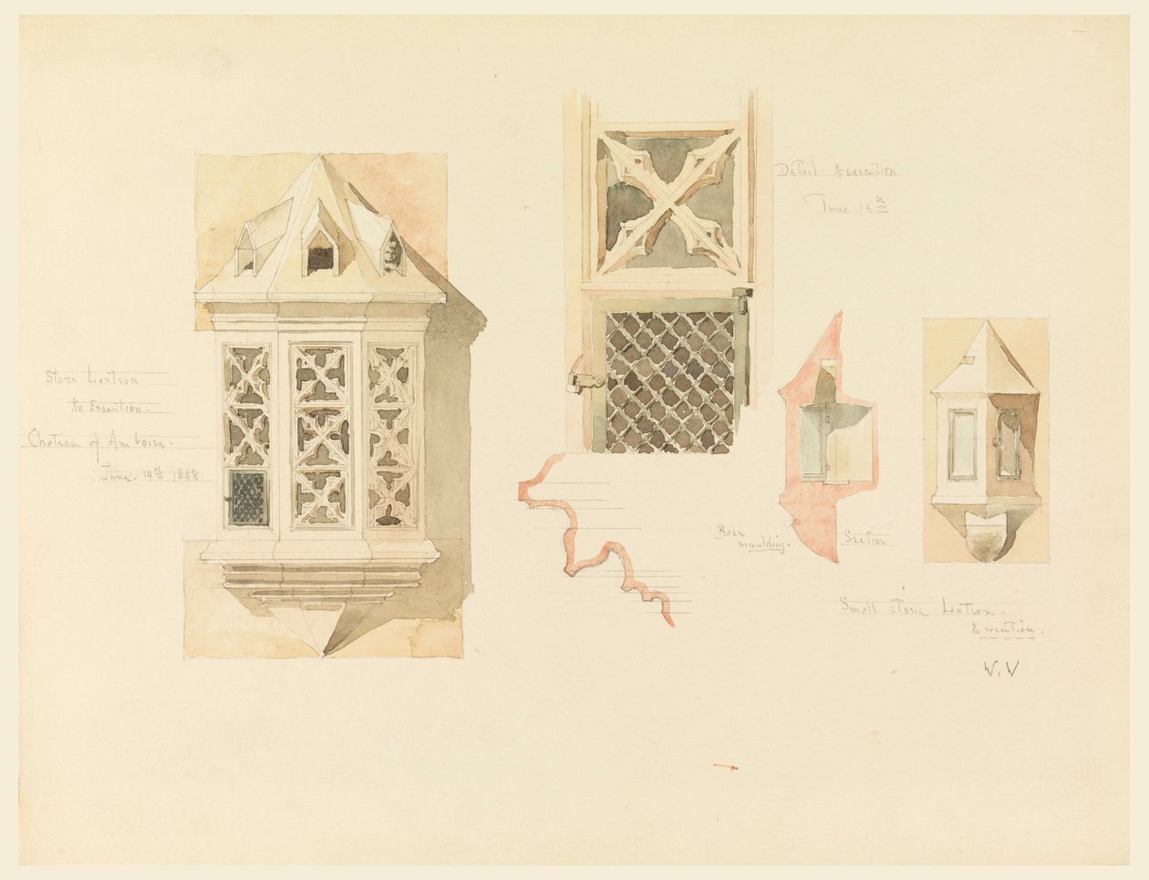 Rendering of Two Stone Lanterns, from the Castle in Amboise, France, June 14–15, 1888 by Whitney Warren Jr.