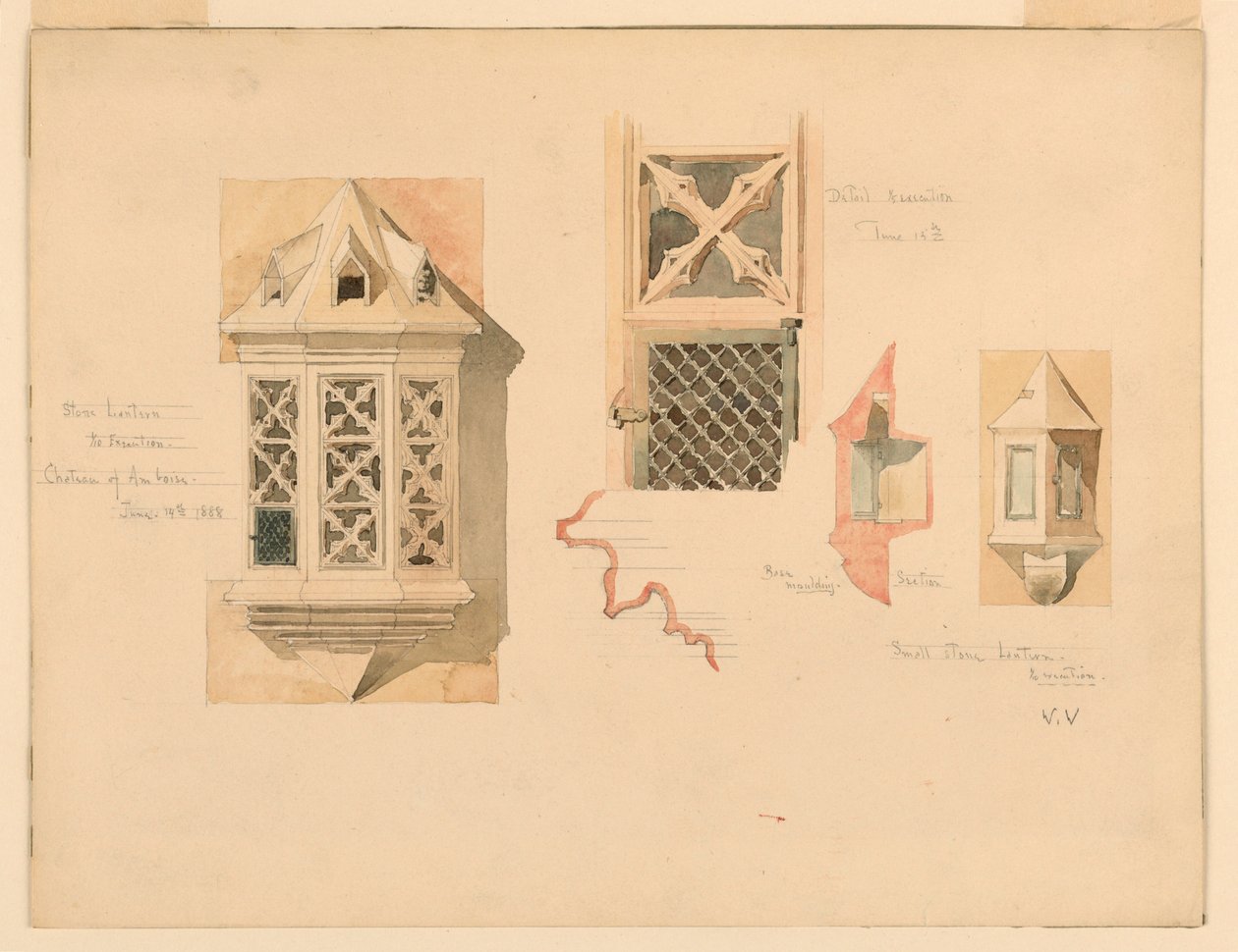 Rendering of Two Stone Lanterns, from the Castle in Amboise, France, June 14–15, 1888 by Whitney Warren Jr.