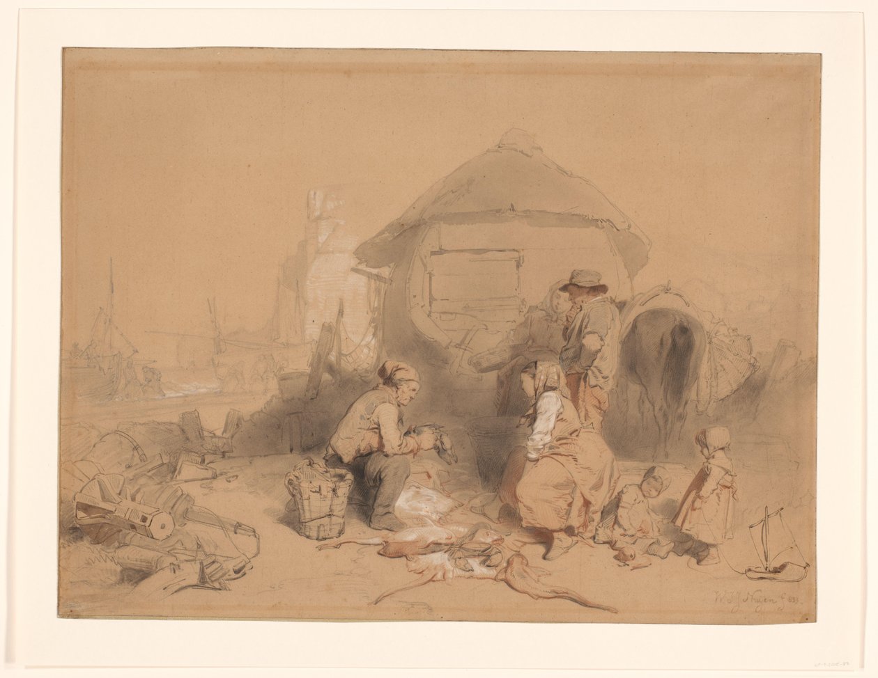 Conversation on the Beach by a Boat Converted into a Dwelling by Wijnand Nuijen (signed by artist)