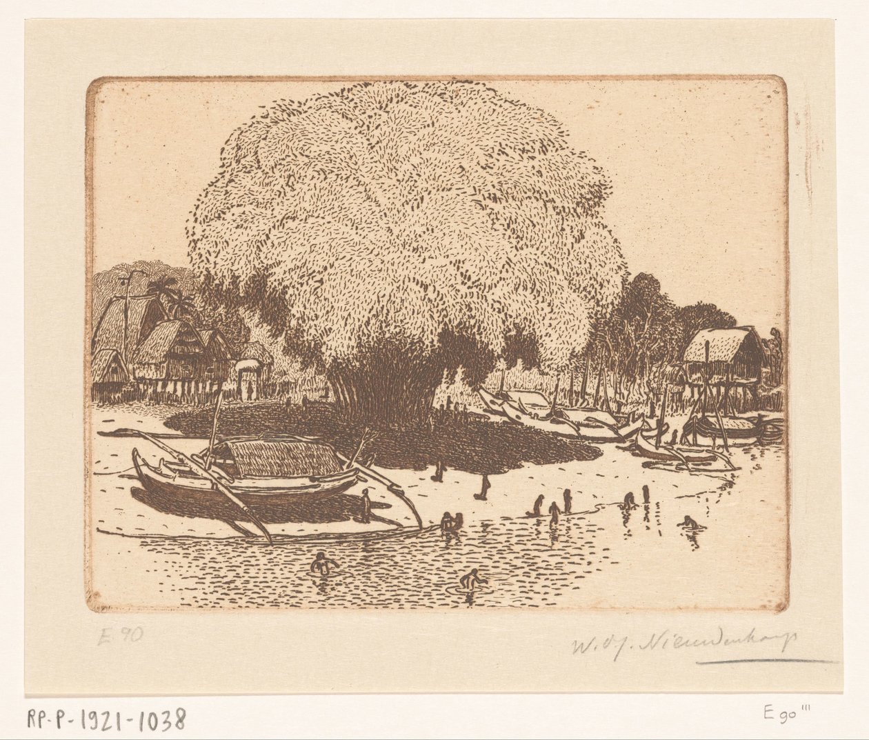 View of Loloan Barat in Bali by Wijnand Otto Jan Nieuwenkamp (signed by artist)