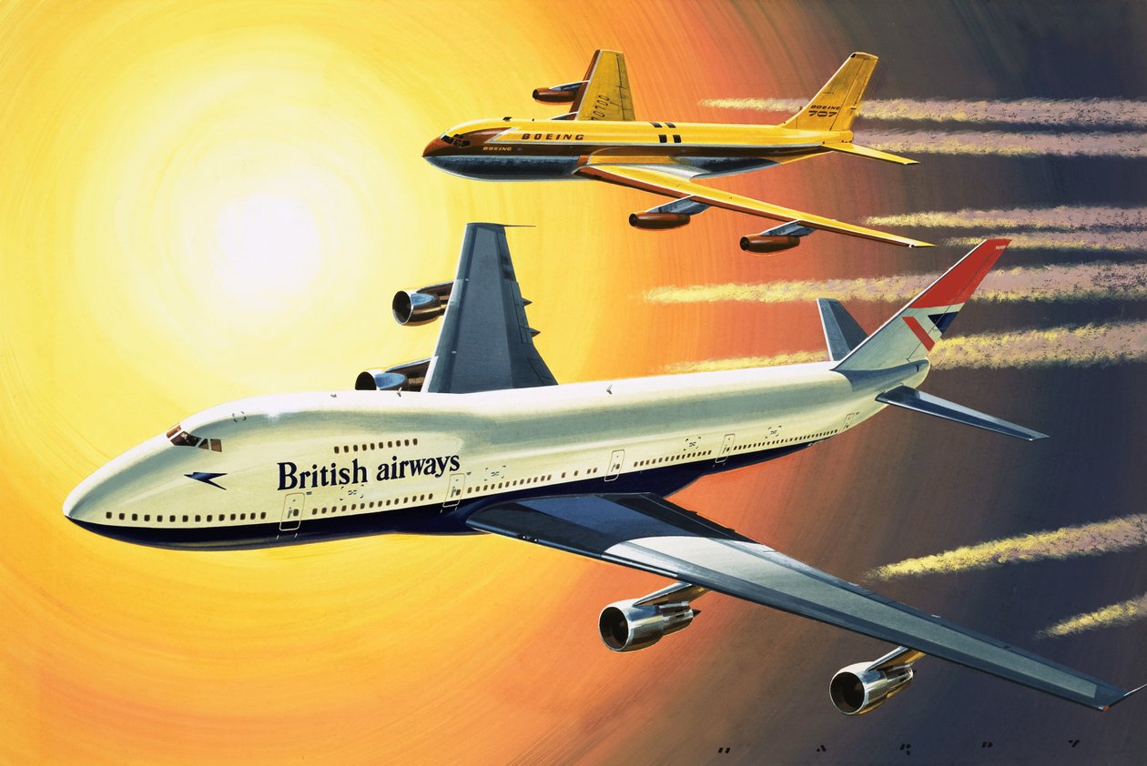 Boeing 747 with Boeing 707 in Background by Wilf (20th century) Hardy