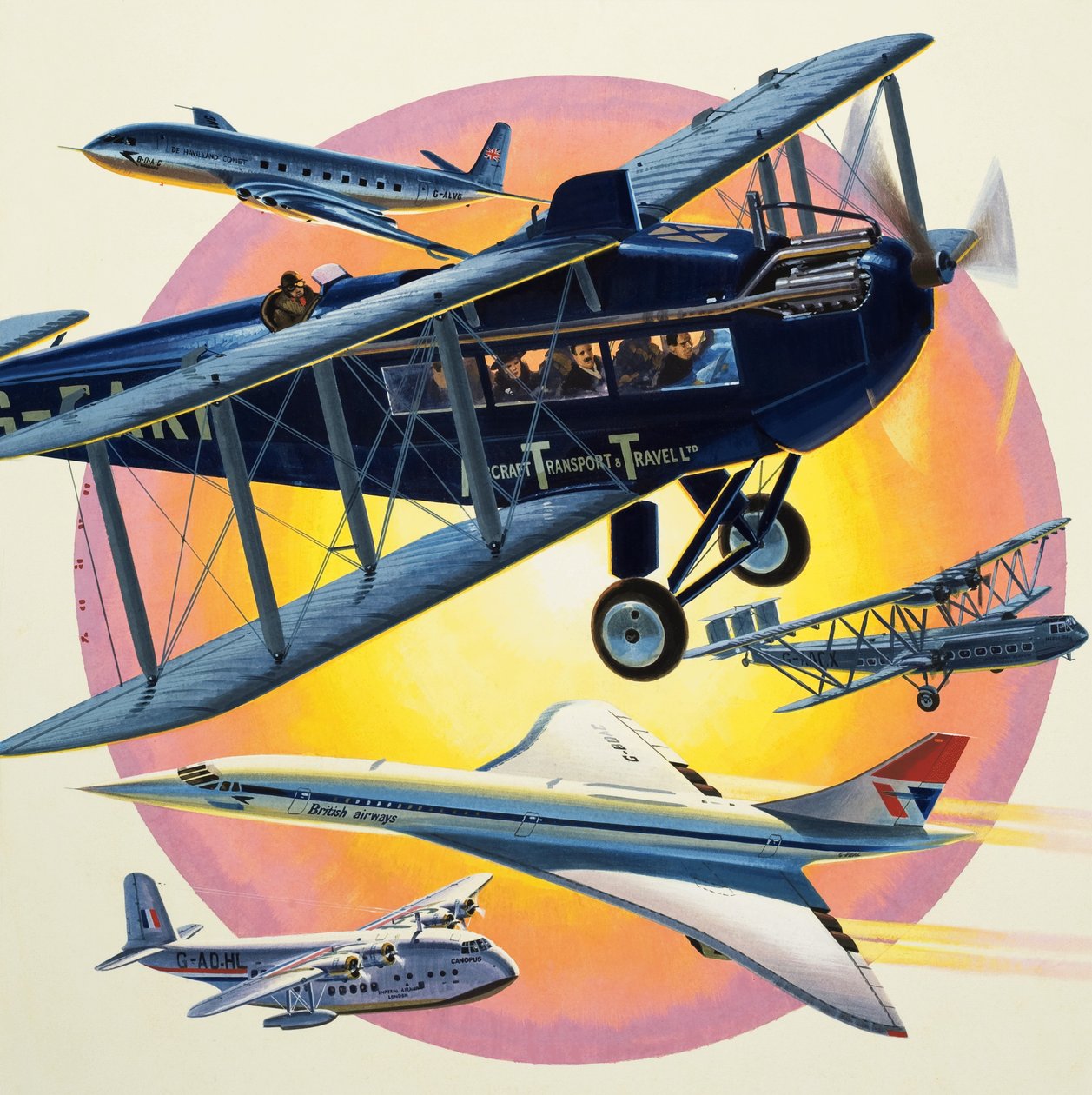 Montage of Passenger Planes Including Concorde by Wilf (20th century) Hardy