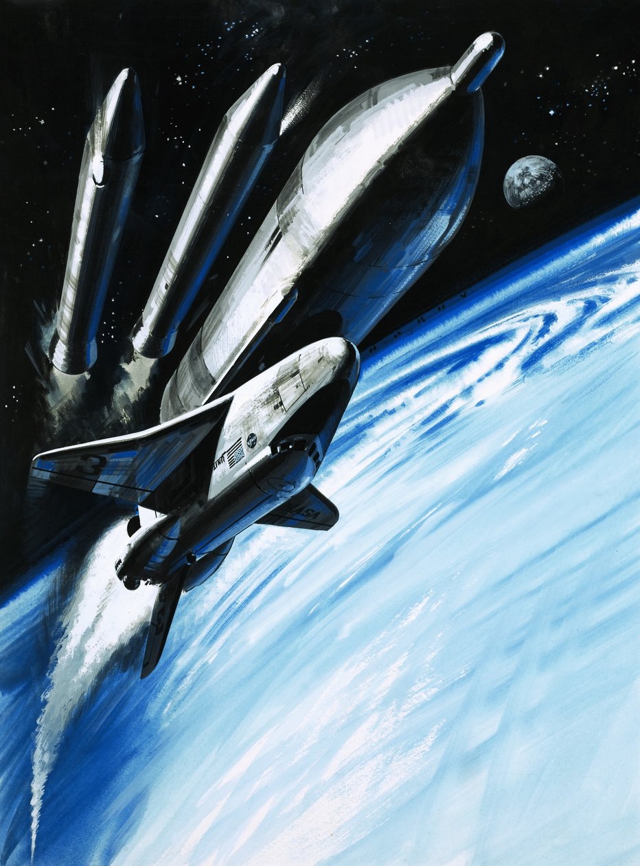 The space shuttle at the moment it sheds two of its rocket engines by Wilf (20th century) Hardy