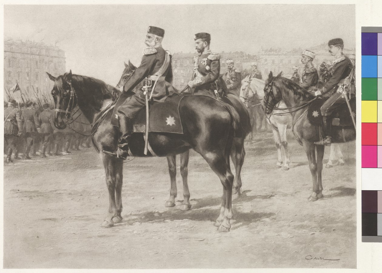 Emperor Franz Joseph I and czar Nikolaus II at the parade on the Champ-de-Mars in St. Petersburg by Wilhelm Gause