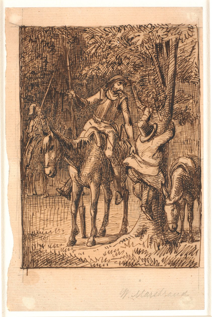 Before the Battle with the Knight of the Mirrors, Don Quixote Helps Sancho Panza Up a Tree by Wilhelm Marstrand