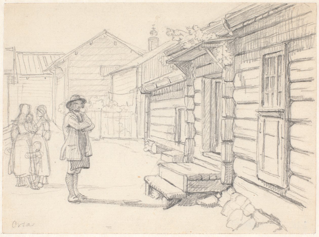 Street in Orsa, Dalarna, with Two Women on the Left and a Child and a Man by Wilhelm Marstrand