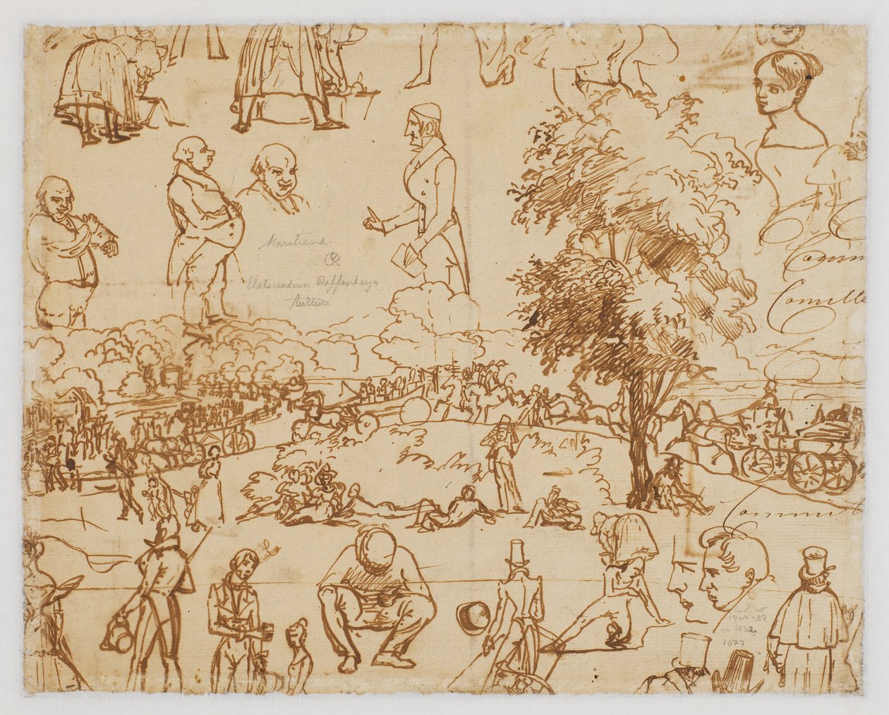 Landscape with Horse Carriages and Numerous Figure Sketches by Wilhelm Marstrand