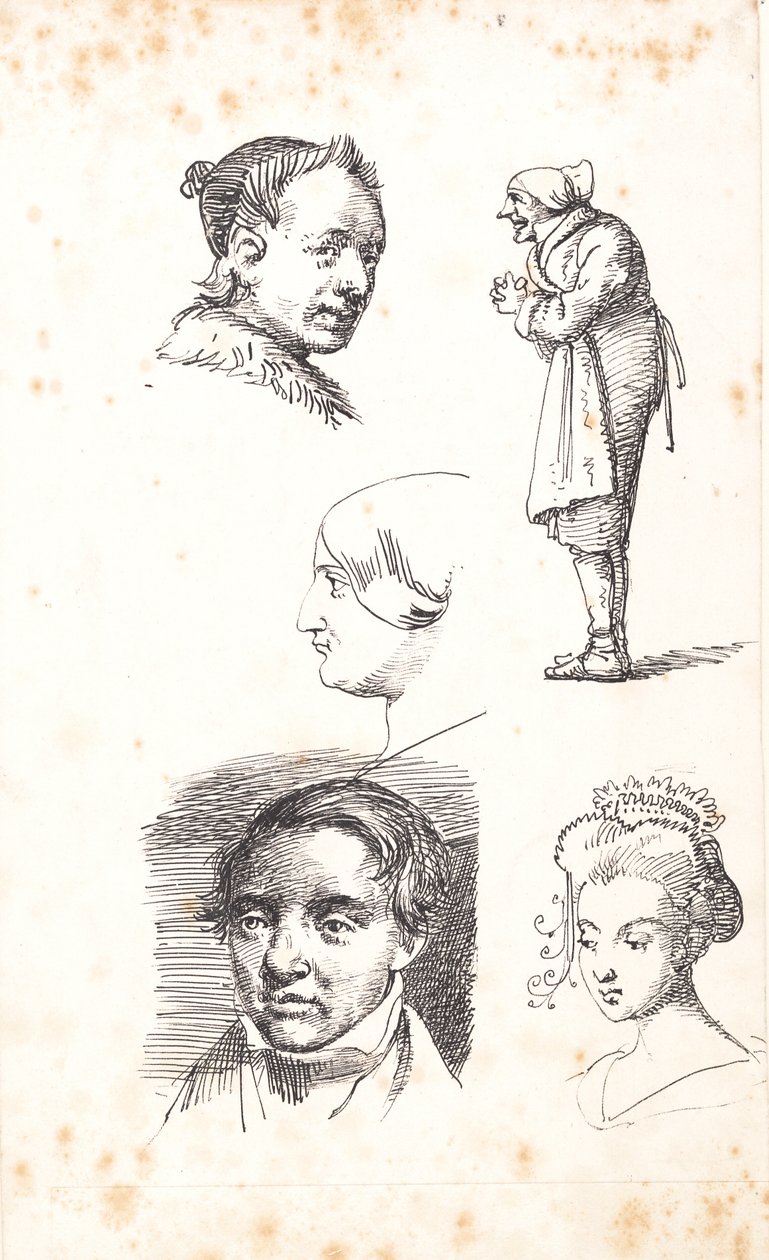 Study Sheet with Two Male Heads, Two Female Heads, and a Standing Man by Wilhelm Marstrand