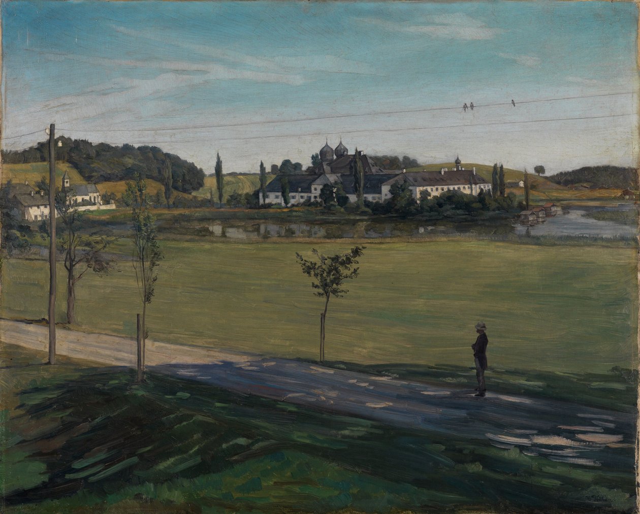 Landscape near Kloster Seeon with Telegraph Pole by Wilhelm Trübner