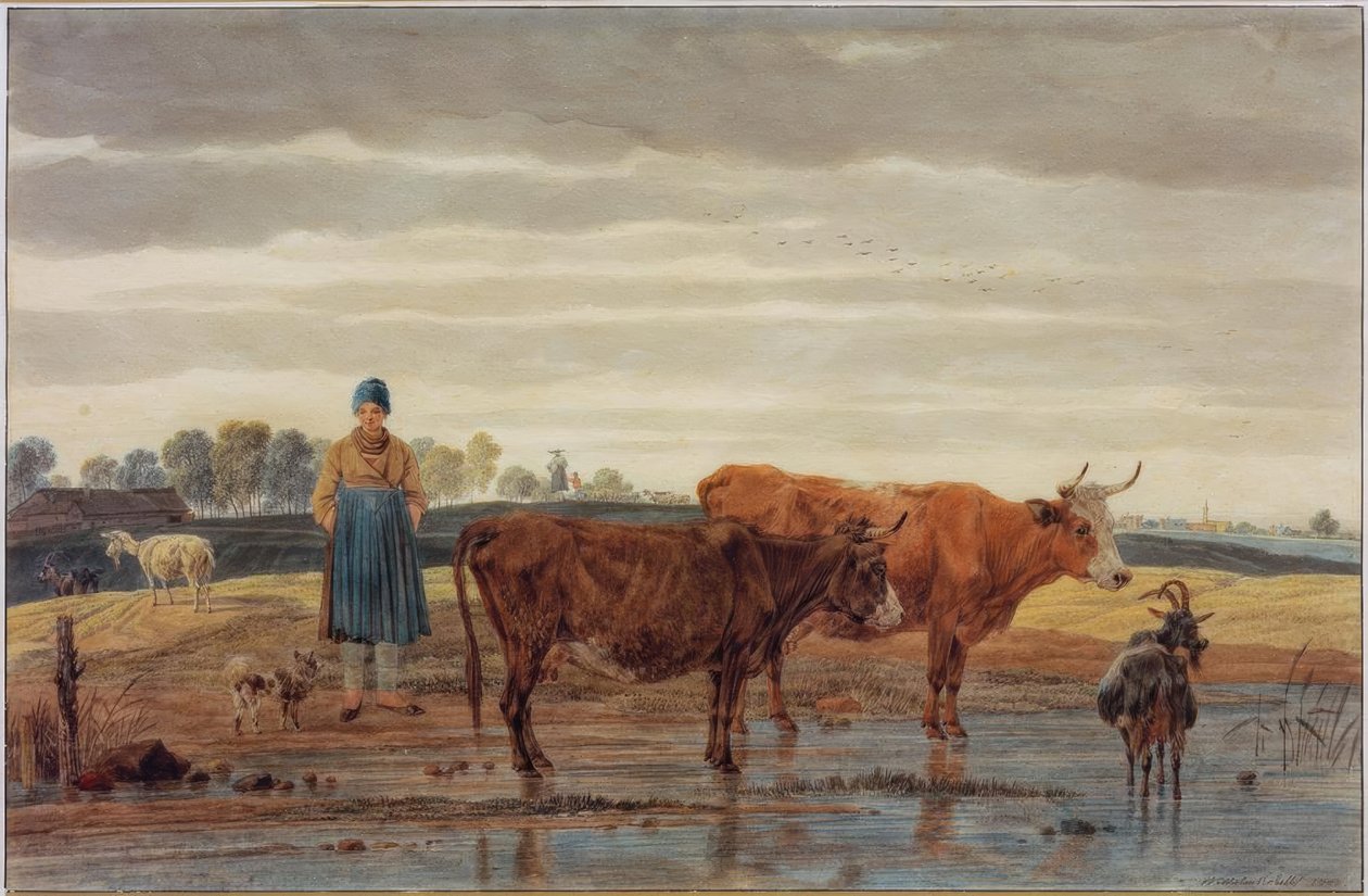 Peasant Woman with Livestock by the Water by Wilhelm von Kobell