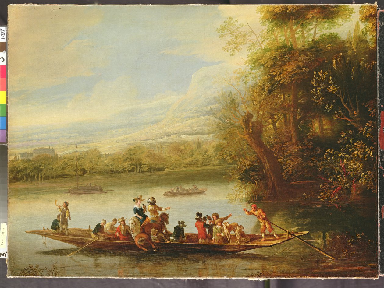 A Landscape with a Crowded Ferry Crossing the Water in the Foreground by Willem Schellinks