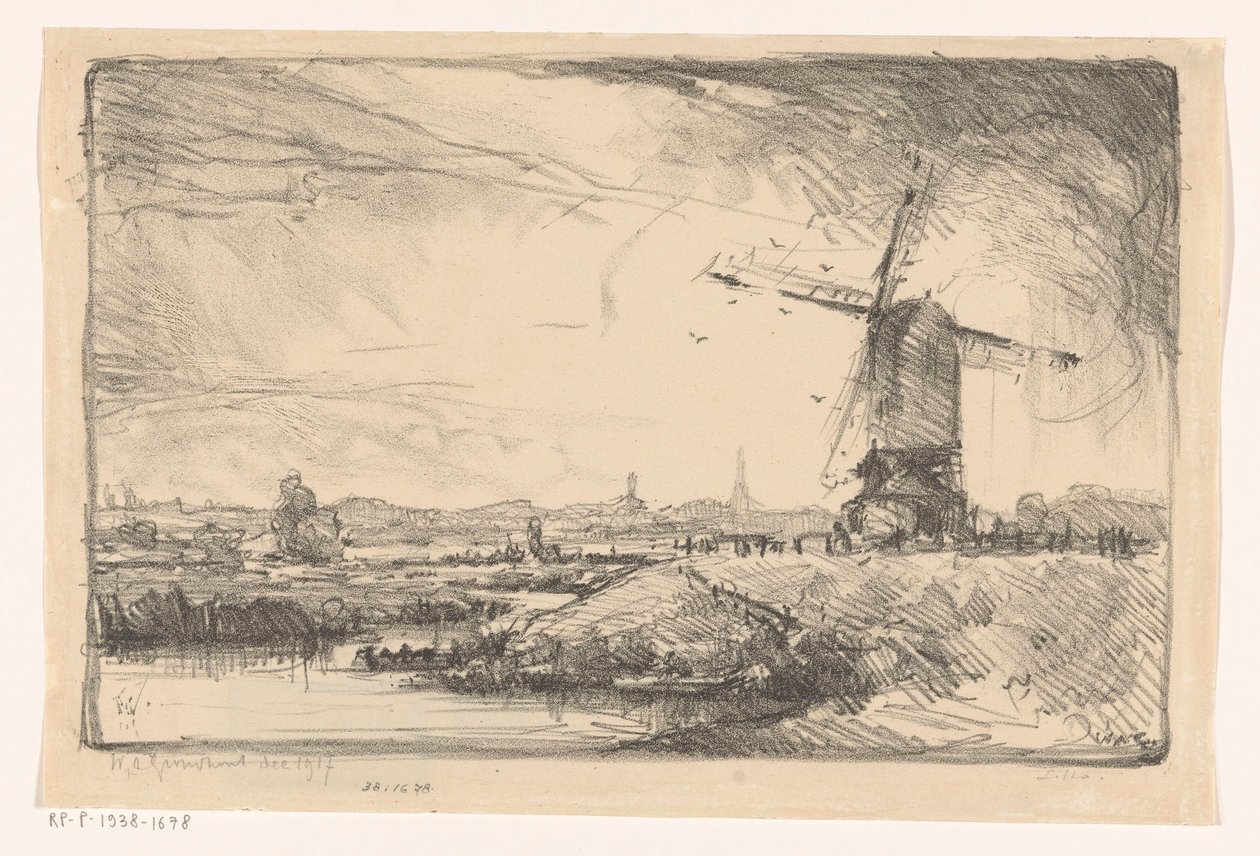 Landscape with Mill near Leiden by Willem Adrianus Grondhout (signed by artist)