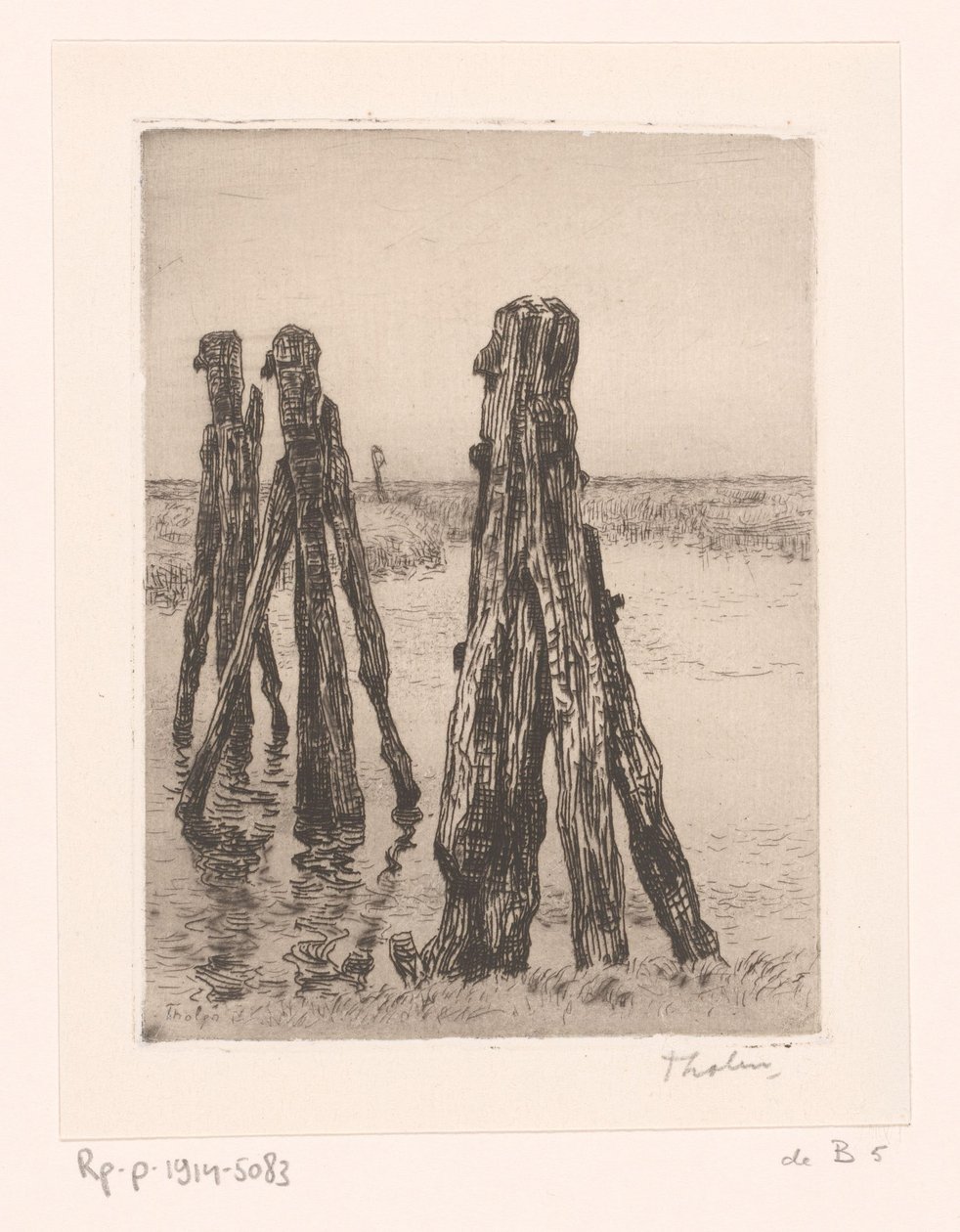 Three Mooring Posts in Low Water by Willem Bastiaan Tholen (signed by artist)
