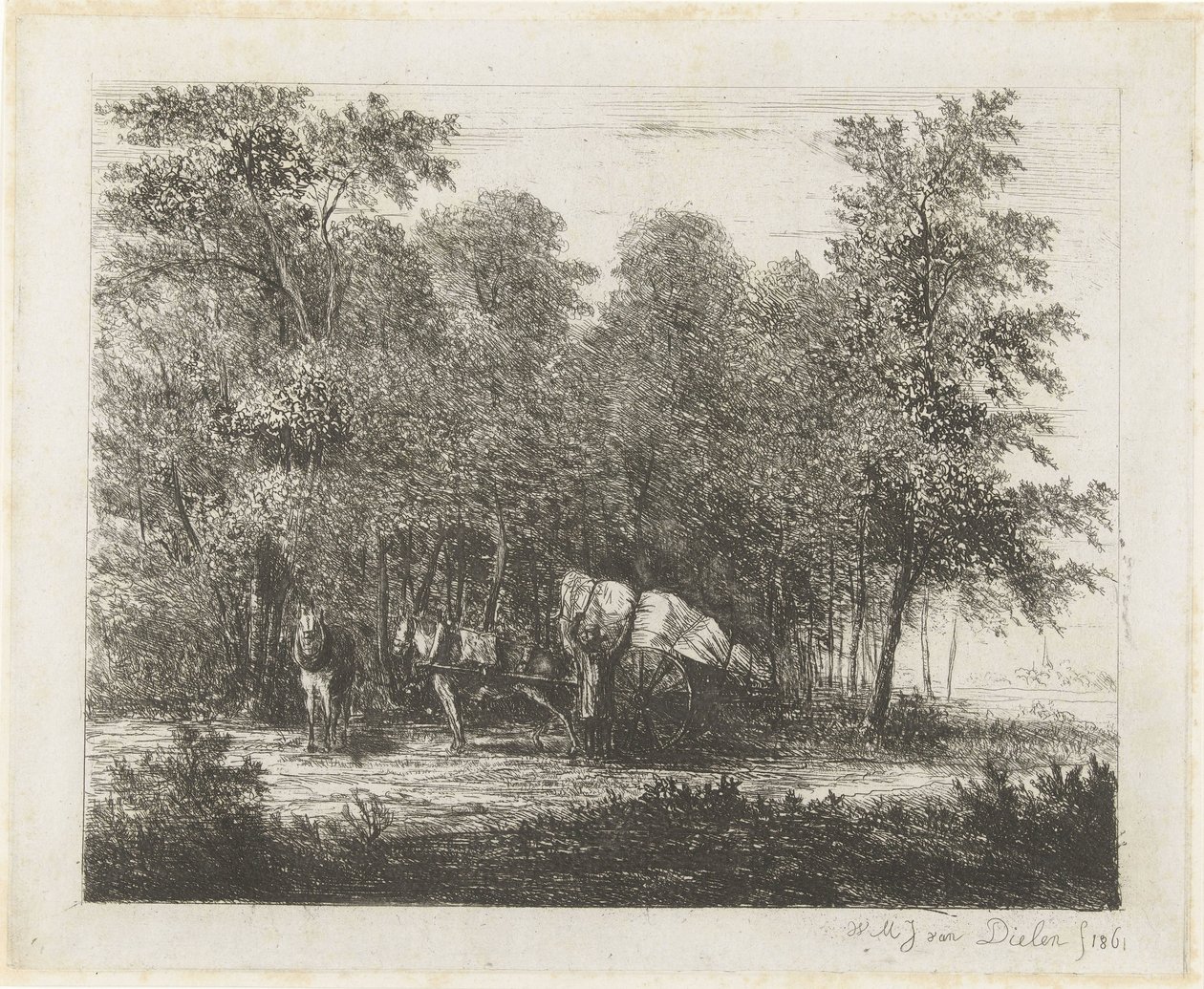 Landscape with Man by a Loaded Cart and Harnessed Horse by Willem Matthias Jan van Dielen