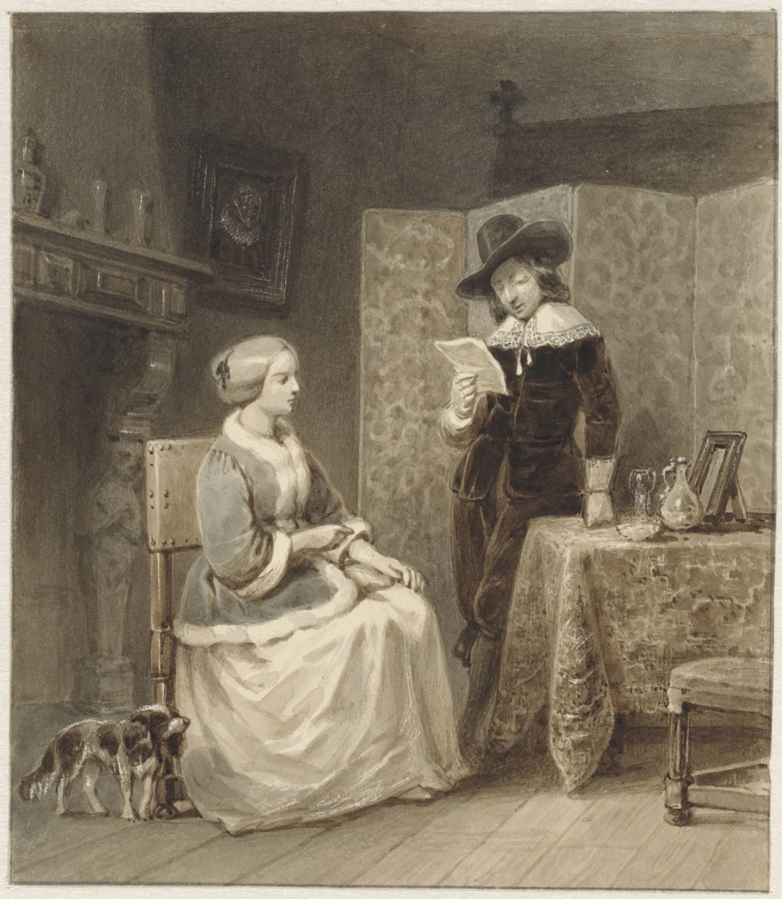 Historical Interior with Seated Woman and Standing, Reading Man by Willem Pieter Hoevenaar