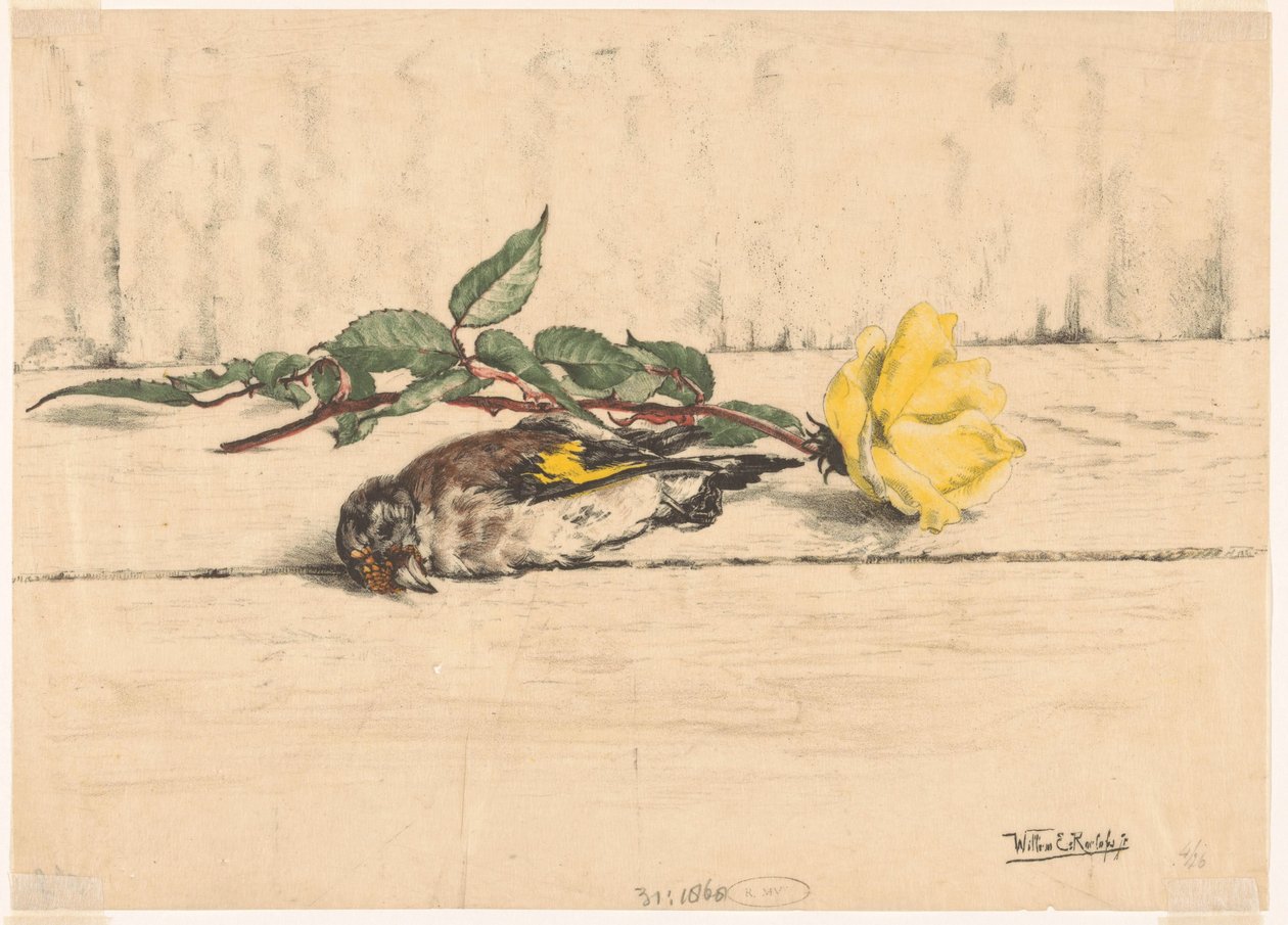 Dead goldfinch lying next to a rose by Willem Roelofs (II) (signed by artist)