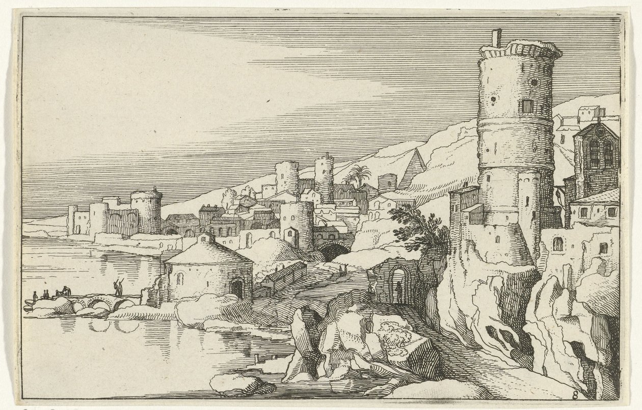 City with Towers by the Water (Roman Ruins and Coastal Landscapes, Series 1) by Willem van Nieulandt (II)